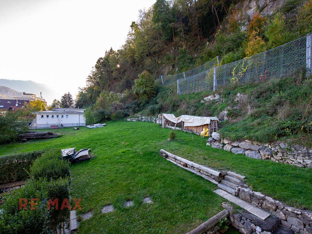 Hanglage mit Rasenfläche, Felsformationen und bewaldetem Hintergrund.