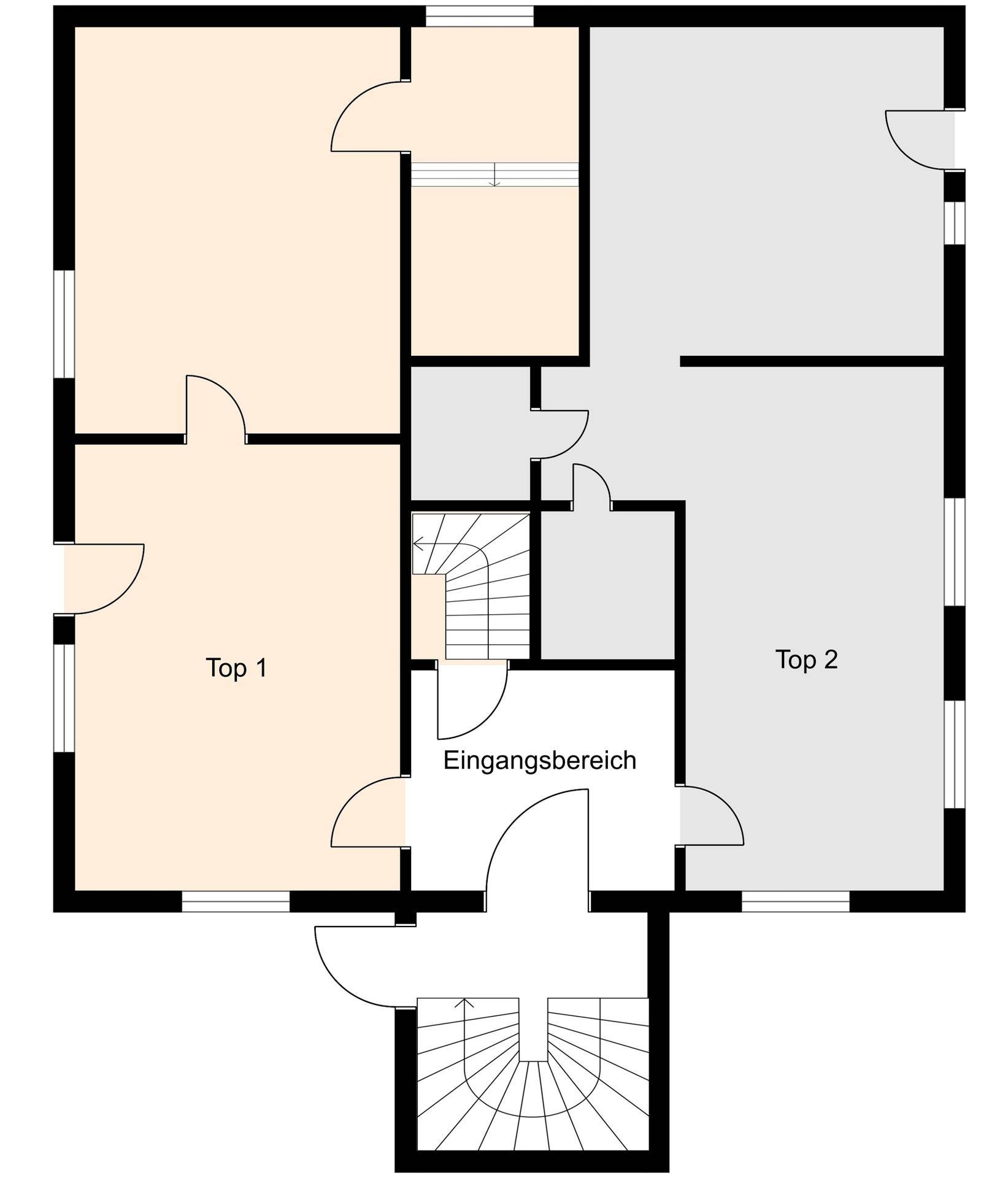 Grundrissplan des Erdgeschosses mit zwei Wohneinheiten und Eingangsbereich.