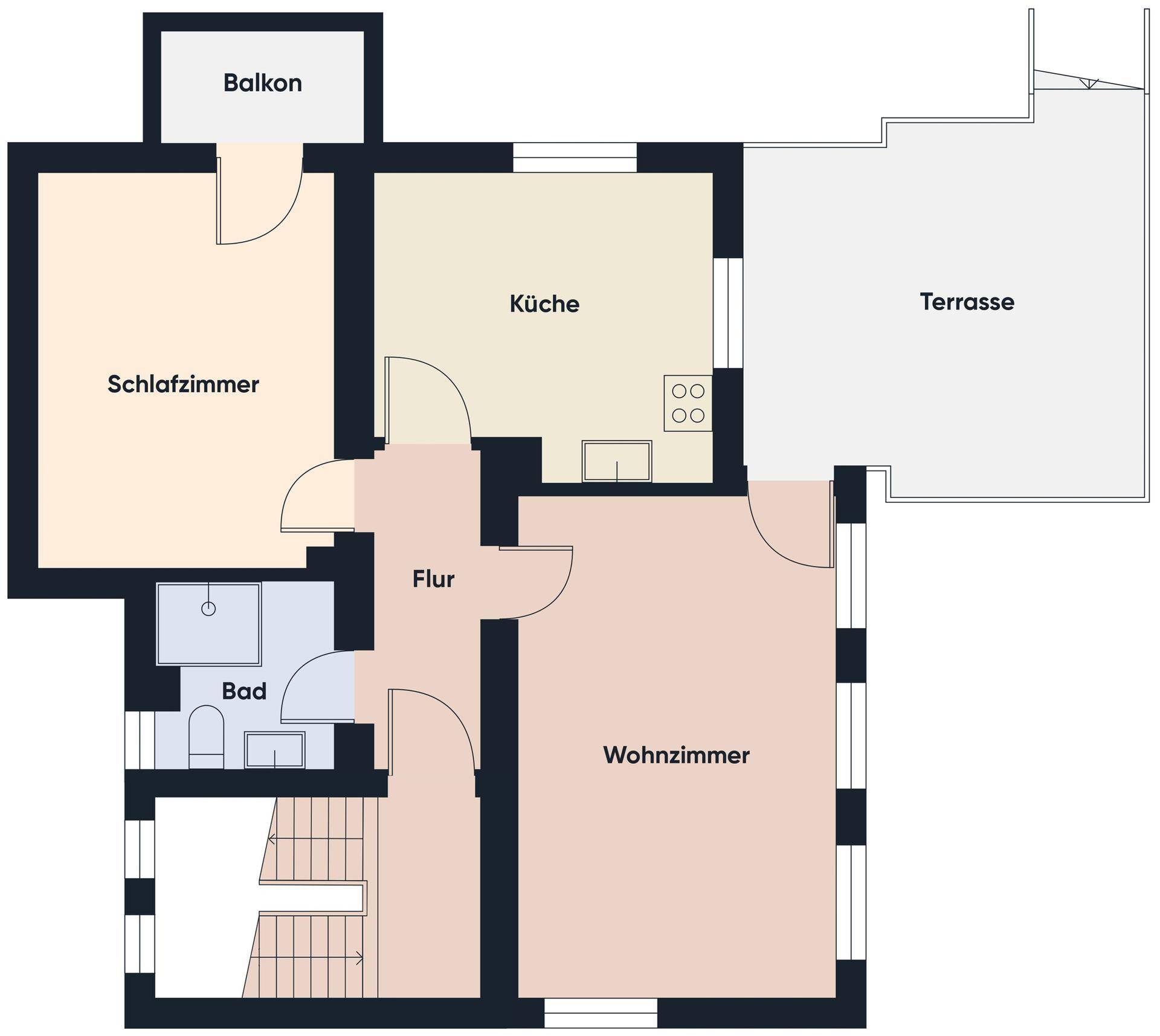 Grundriss des Erdgeschosses mit Wohnzimmer, Küche, Bad, Schlafzimmer, Balkon und Terrasse.