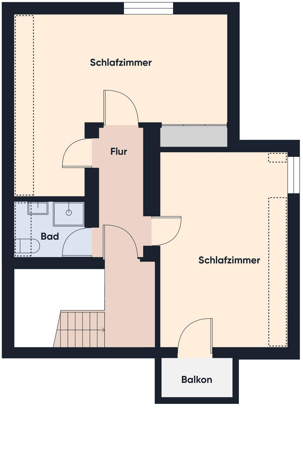 Grundriss des Obergeschosses mit zwei Schlafzimmern, Bad und einem Balkon.