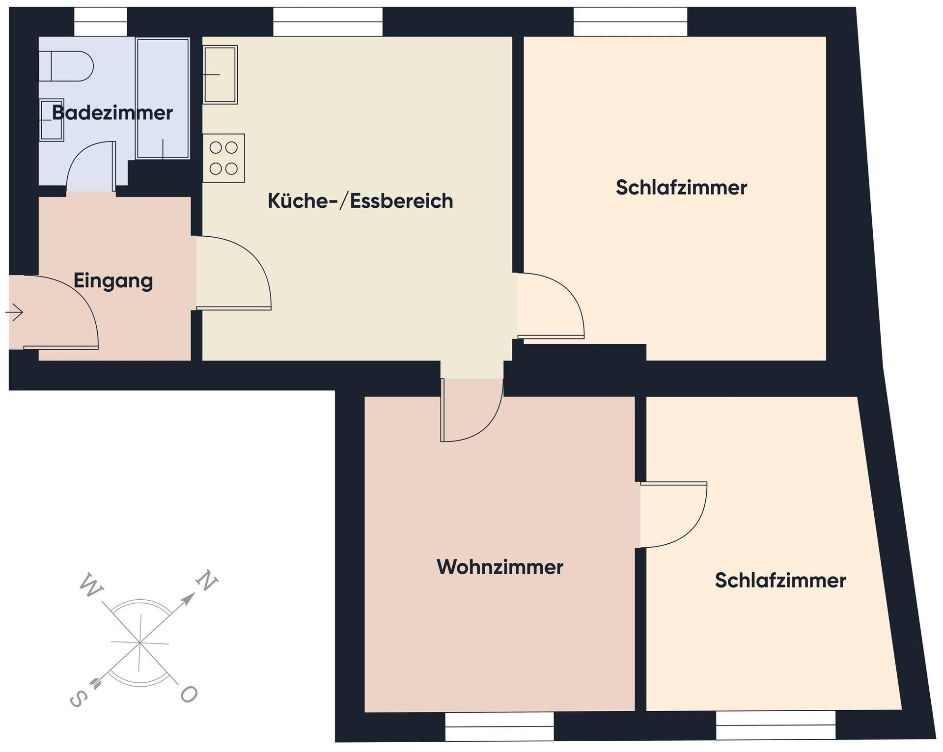 Grundriss der Wohnung mit Küche/Essbereich, Wohnzimmer und zwei Schlafzimmern.