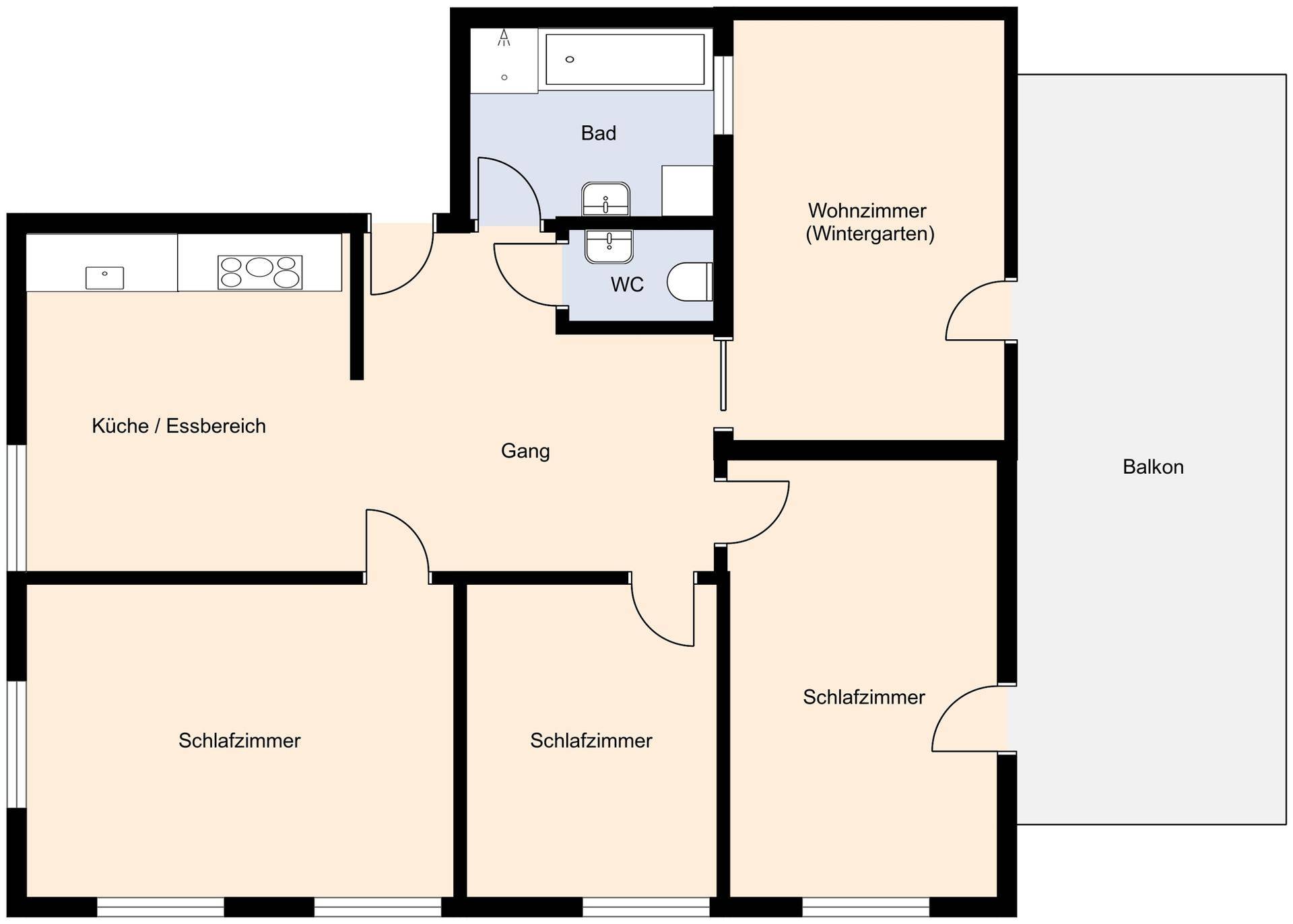 Grundriss der Wohnung mit Küche, Wohnzimmer, drei Schlafzimmern und Balkon.