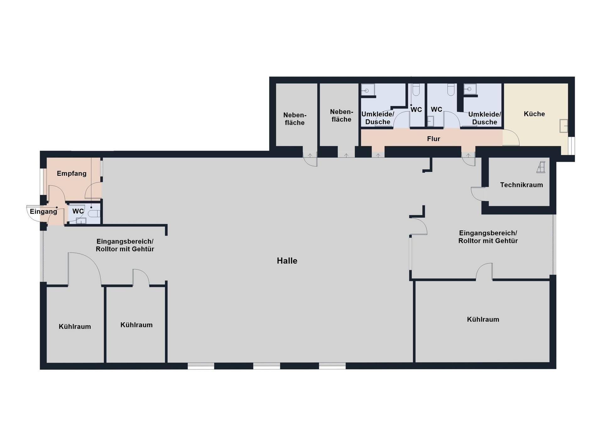 Grundriss eines Gewerbegebäudes mit Halle, Kühlräumen, Empfang und Sanitärbereichen.
