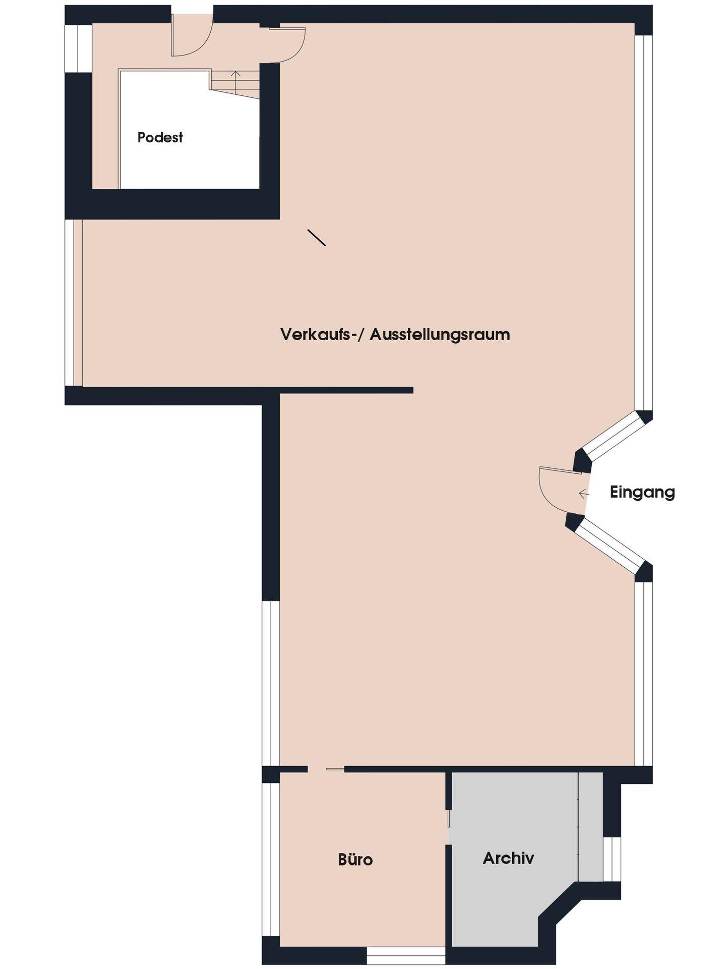 Grundriss des Erdgeschosses mit Verkaufs-/Ausstellungsraum, Büro und Archivbereich.