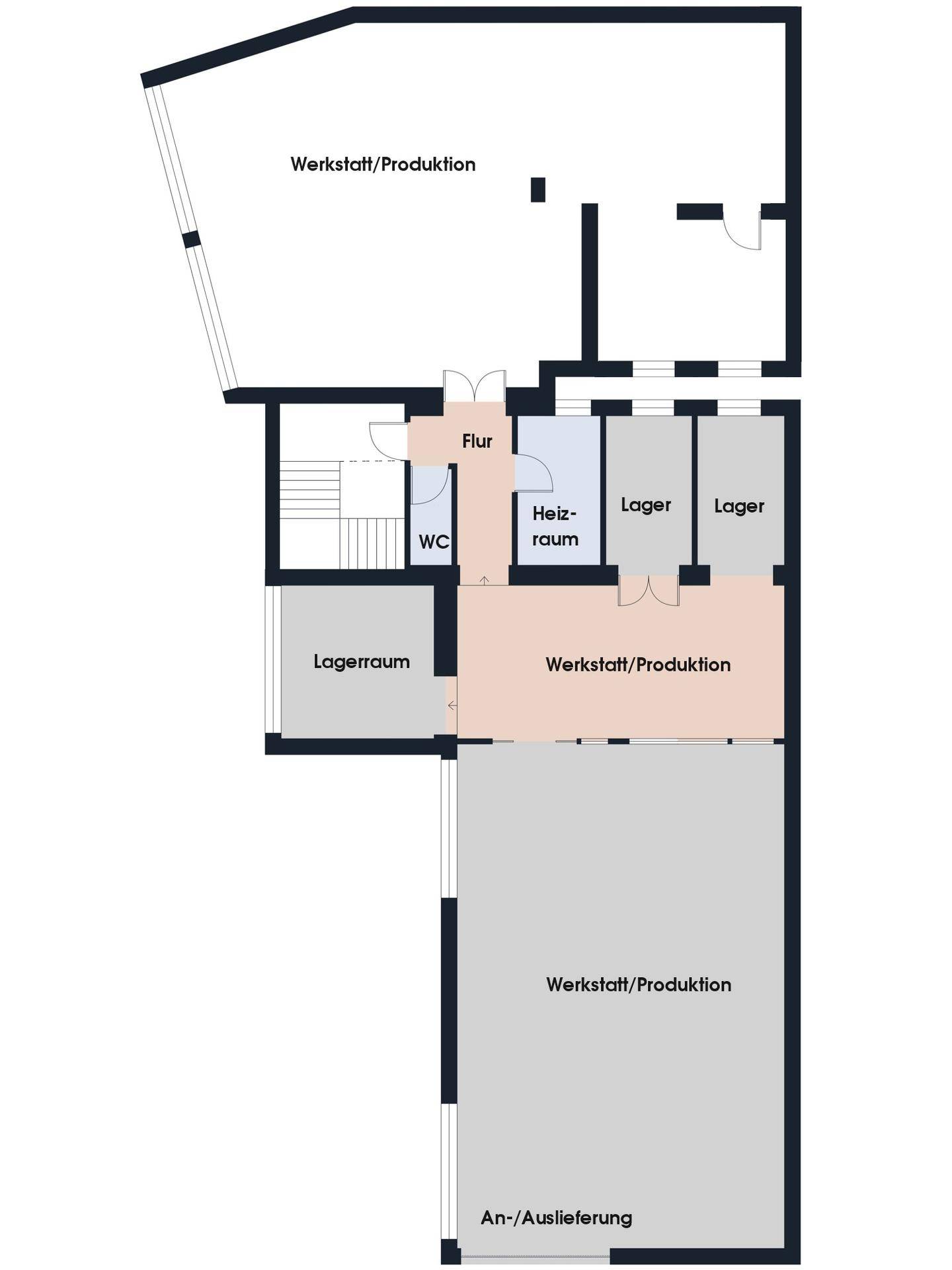 Grundriss des Untergeschosses mit Werkstatt, Lagerräumen, Heizraum und WC.