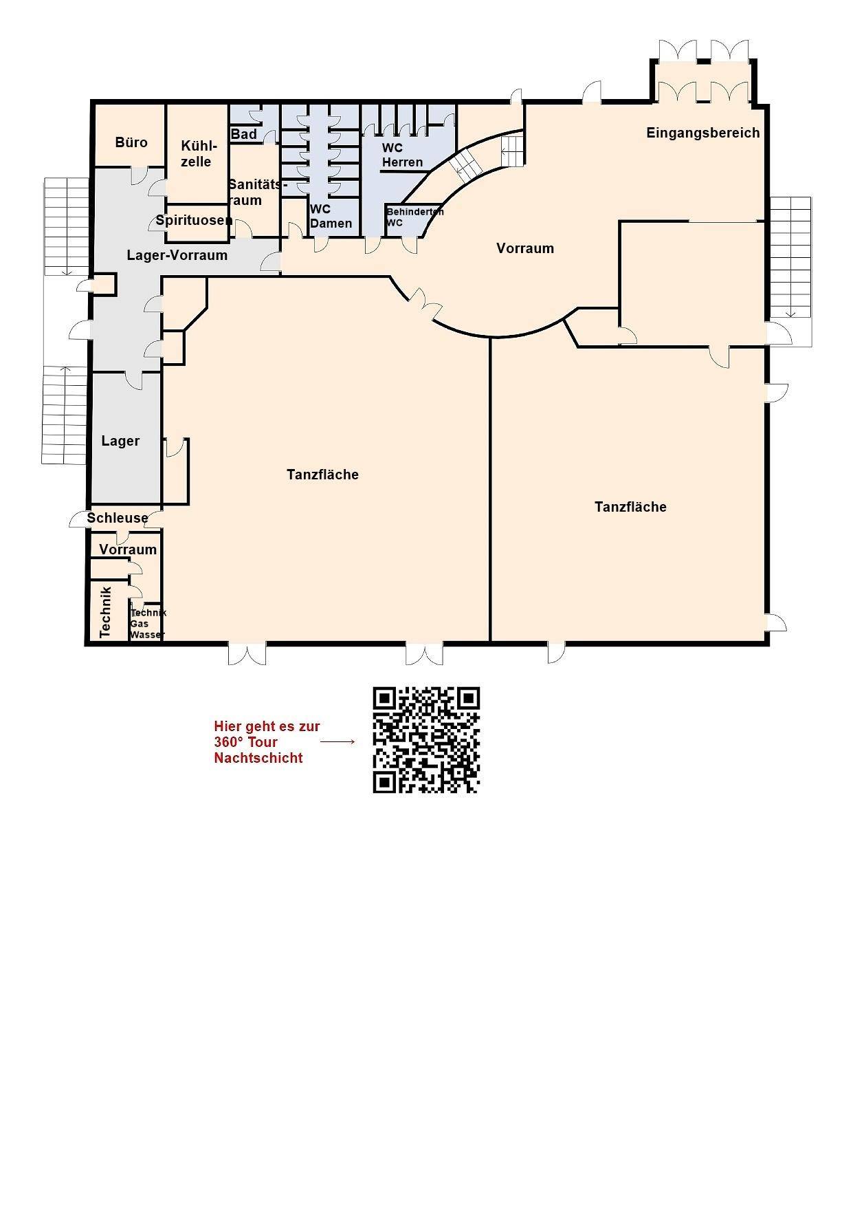 Grundriss des Erdgeschosses mit Eingangsbereich, Tanzflächen, Büros und Sanitäranlagen.