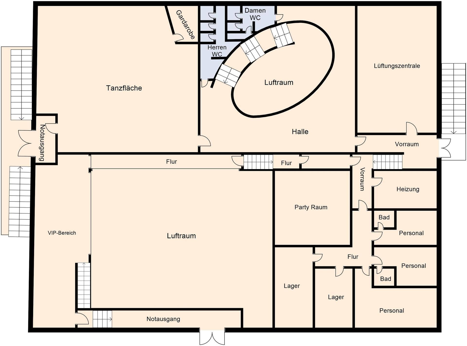 Grundriss des Obergeschosses mit Tanzfläche, Partyraum, Personalräumen und Lüftungszentrale.