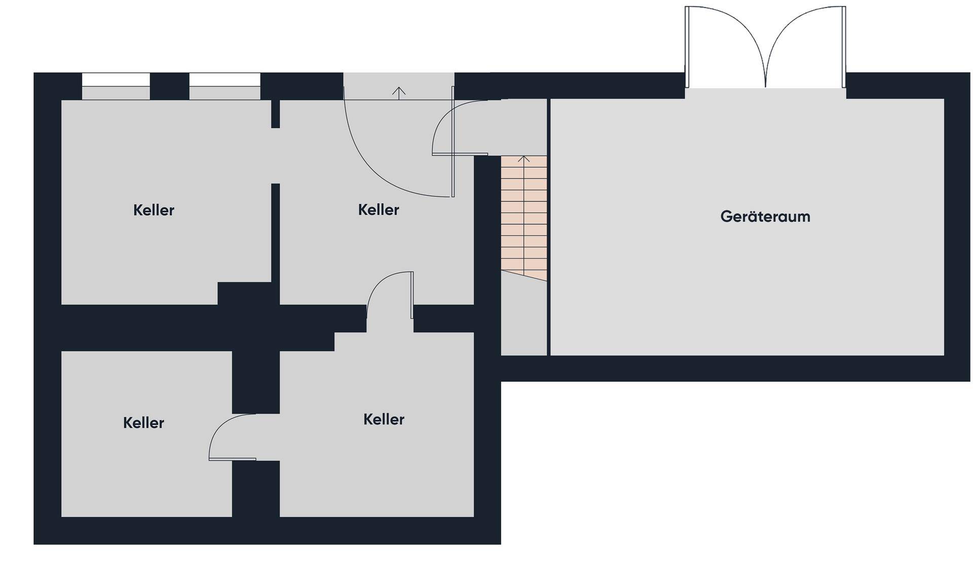 Grundriss des Kellergeschosses mit mehreren Kellerräumen und Geräteraum.