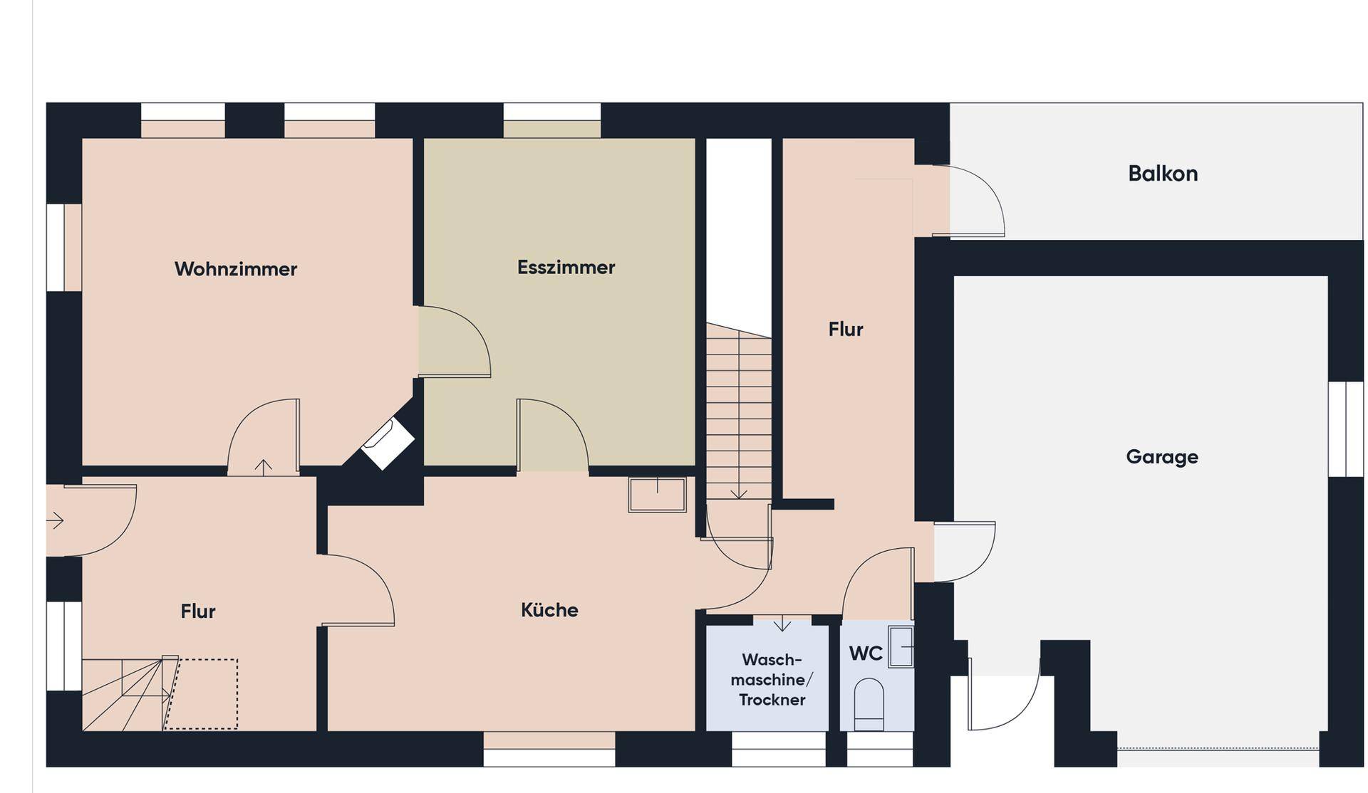 Grundriss des Erdgeschosses mit Wohnzimmer, Esszimmer, Küche und Garage.