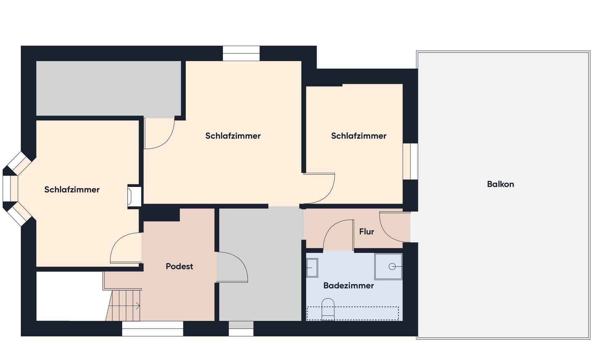 Grundriss des Obergeschosses mit drei Schlafzimmern, Badezimmer und Balkon.