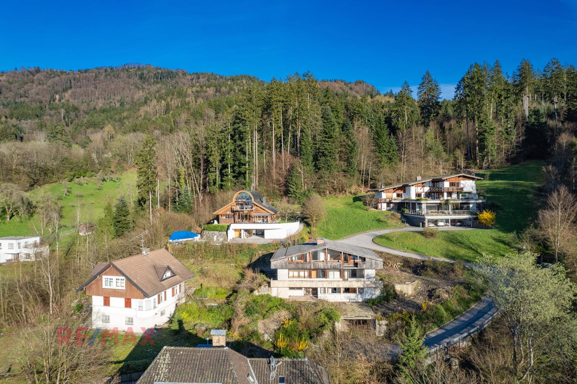 Mehrere Häuser am Hang mit bewaldetem Hintergrund und grüner Umgebung.