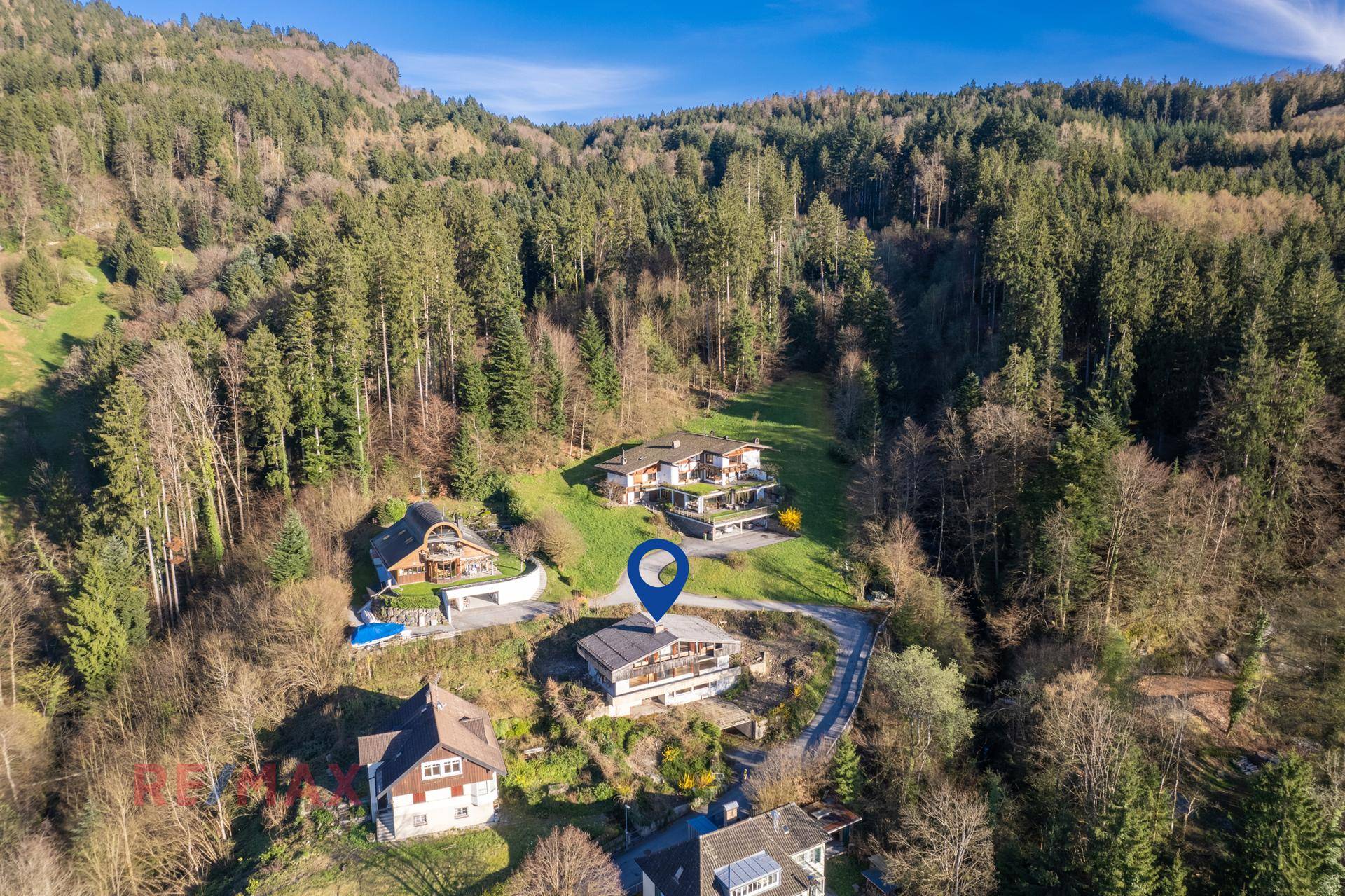 Drohnenansicht des Anwesens am Hang, umgeben von Wald und anderen Wohnhäusern.