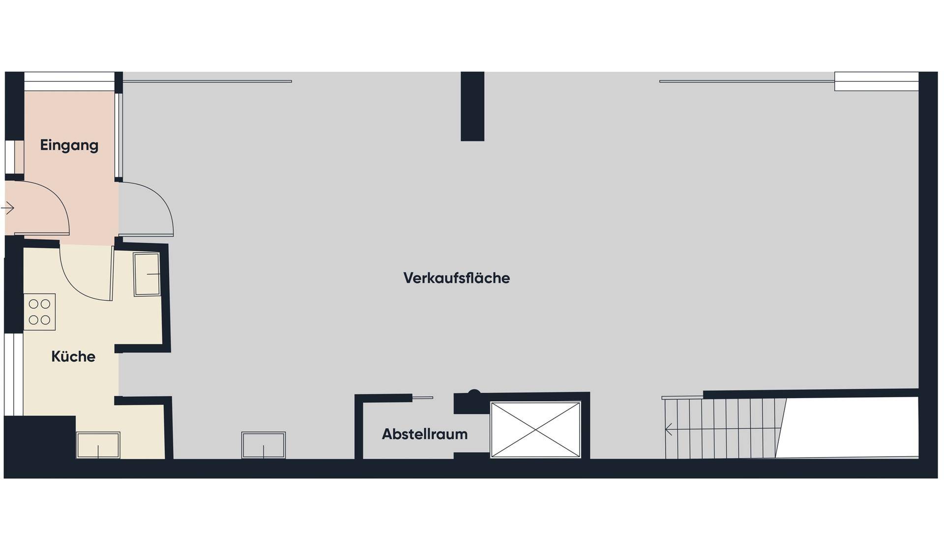 Grundriss des Erdgeschosses mit Verkaufsfläche, Eingangsbereich, kleiner Küche und Abstellraum.