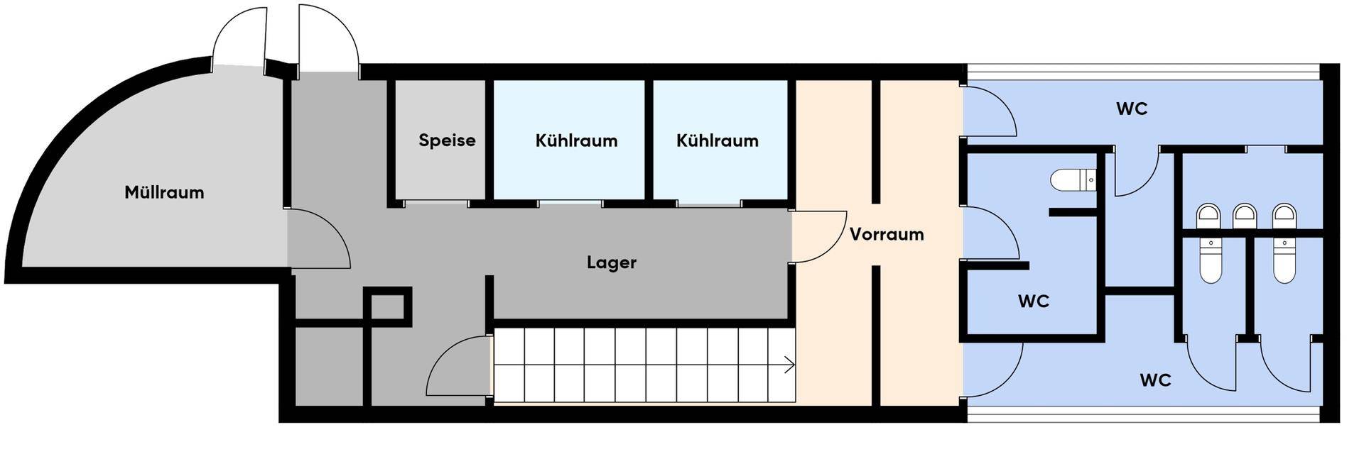 Grundriss des Untergeschosses mit Lagerflächen, Kühlräumen, Speisekammer und mehreren Toiletten.