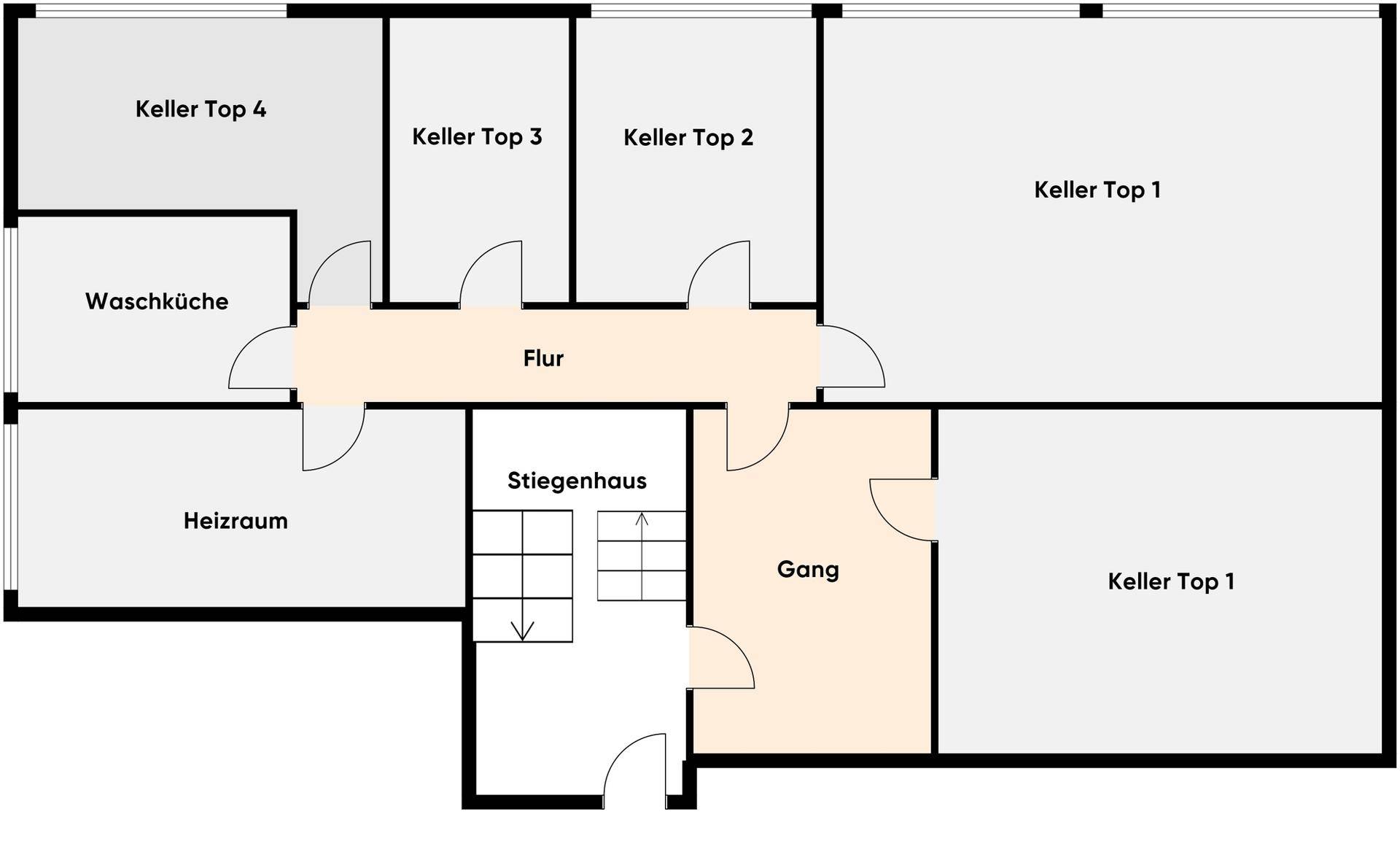 Grundriss des Kellergeschosses mit mehreren Kellerräumen, Waschküche und Heizraum.
