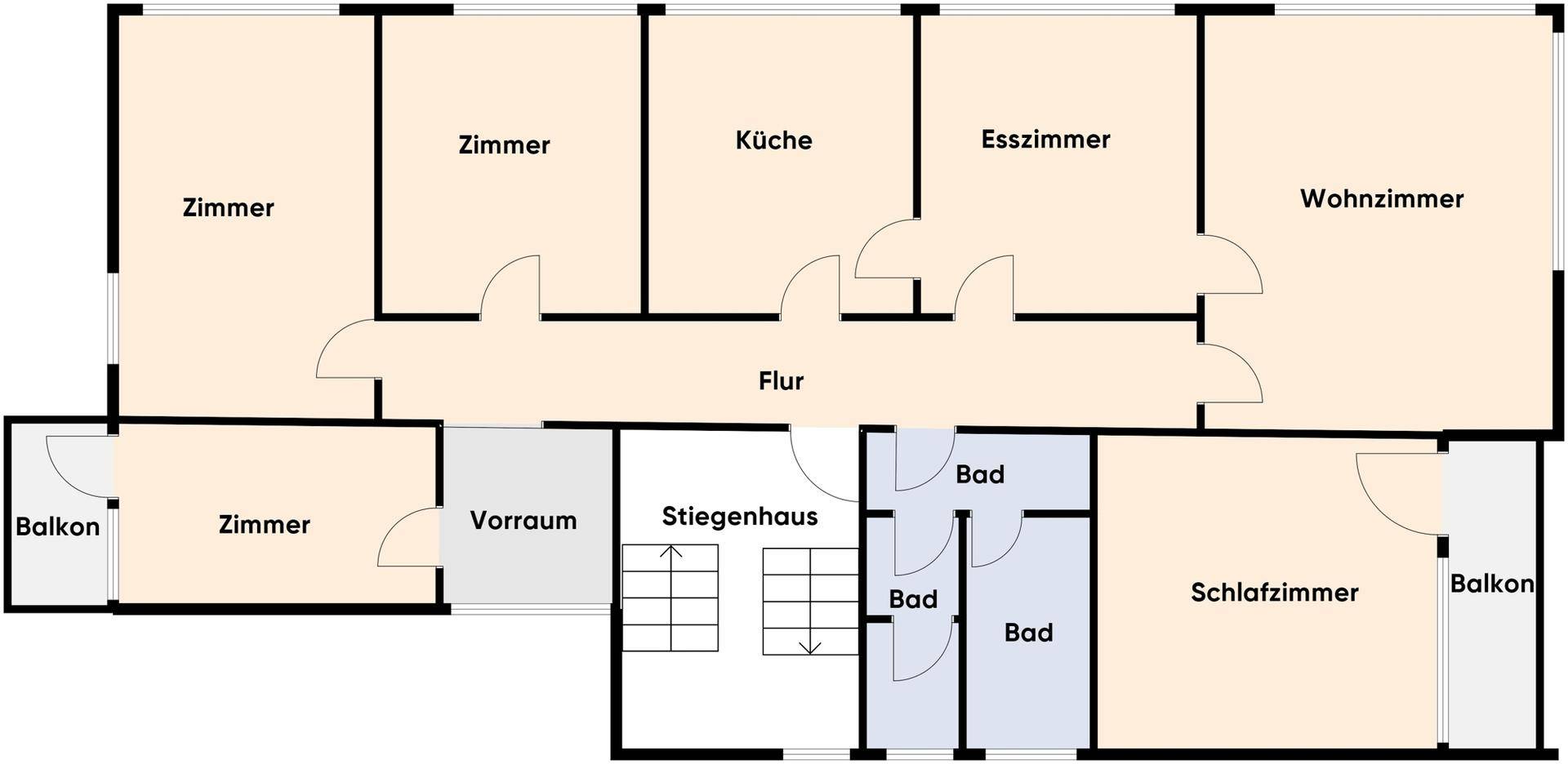 Grundriss des Obergeschosses mit Wohnzimmer, Esszimmer, Küche, Schlafzimmern und mehreren Bädern sowie Balkonen.