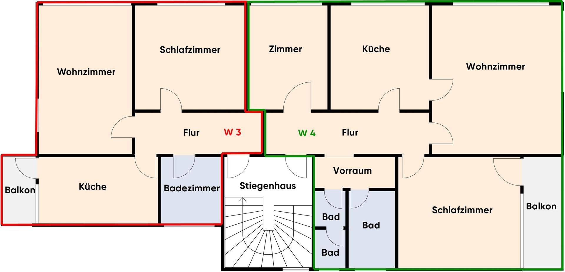 Grundriss des Obergeschosses mit zwei Wohneinheiten, jeweils mit Wohnzimmer, Küche, Schlafzimmer und Bad.
