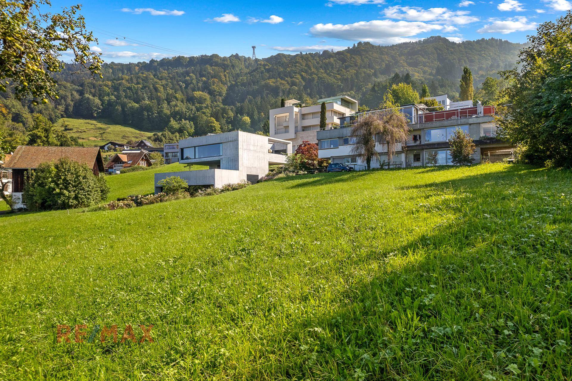 Grüne Wiese mit modernen Gebäuden und bewaldeten Bergen im Hintergrund unter blauem Himmel.