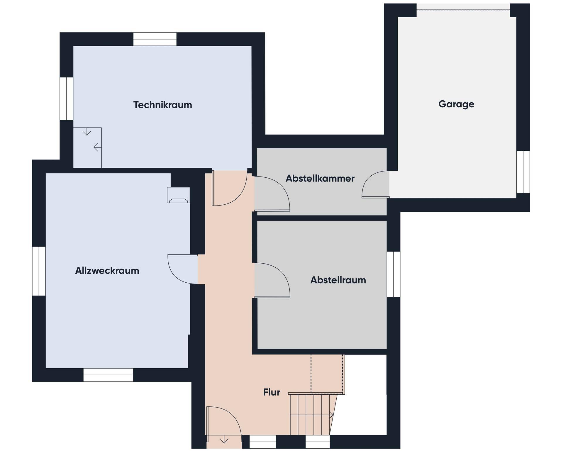 Grundriss des Untergeschosses mit Technikraum, Abstellkammern und Garage.