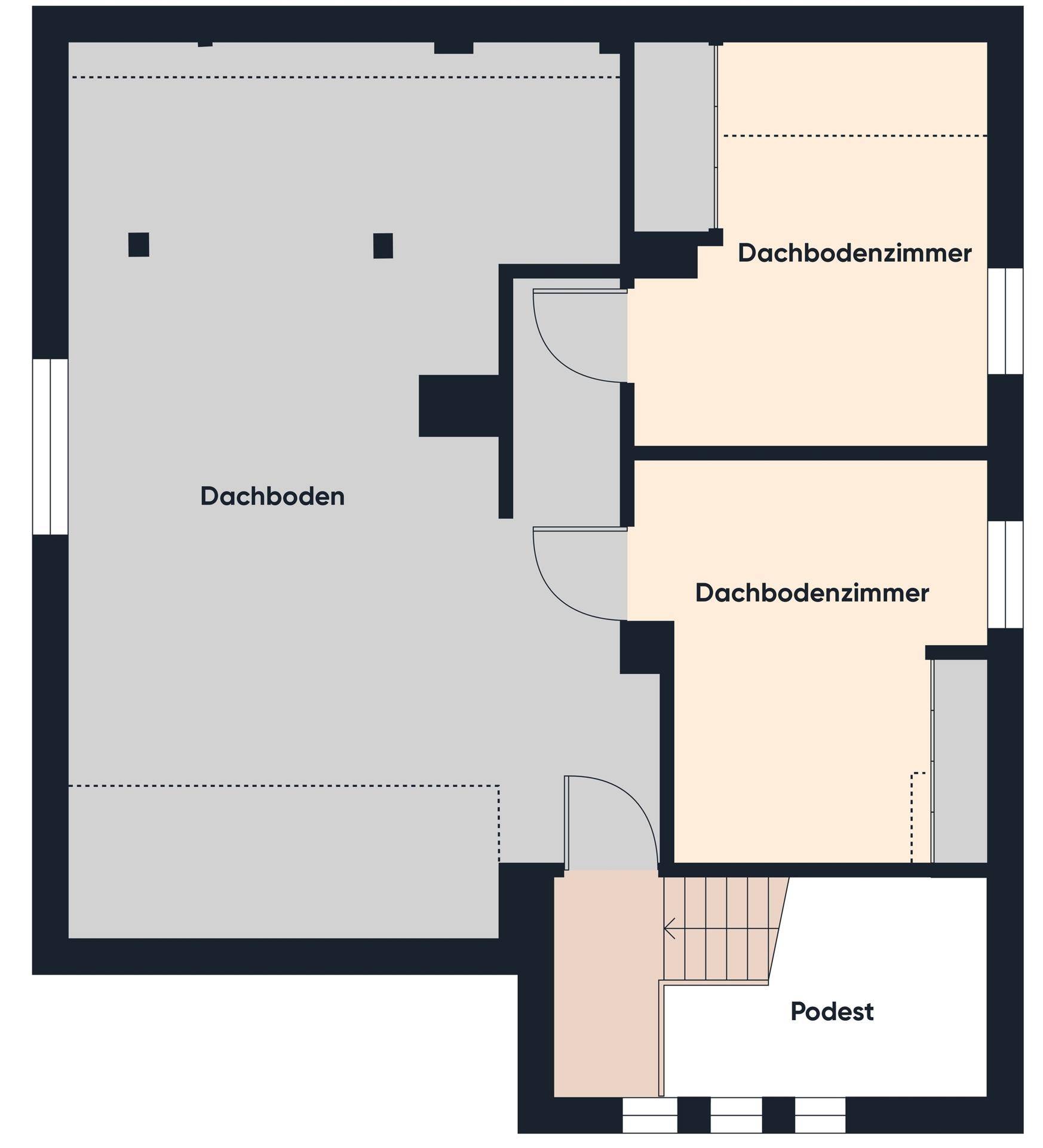 Grundriss des Dachgeschosses mit Dachboden und zwei Dachbodenzimmern.
