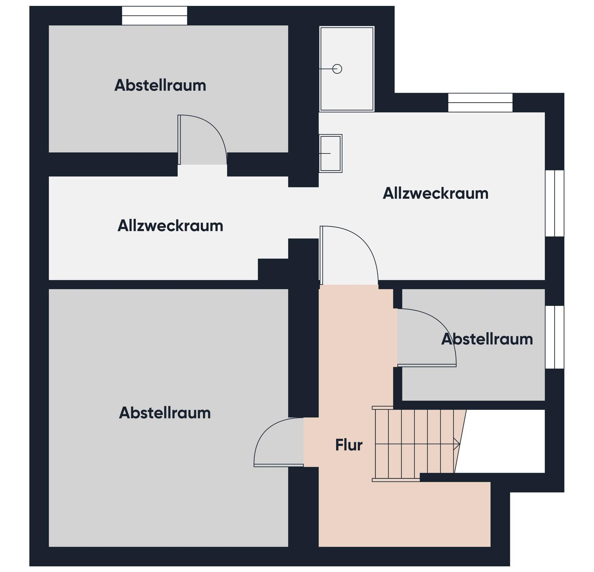 Grundriss des Untergeschosses mit Abstellräumen und Mehrzweckräumen.
