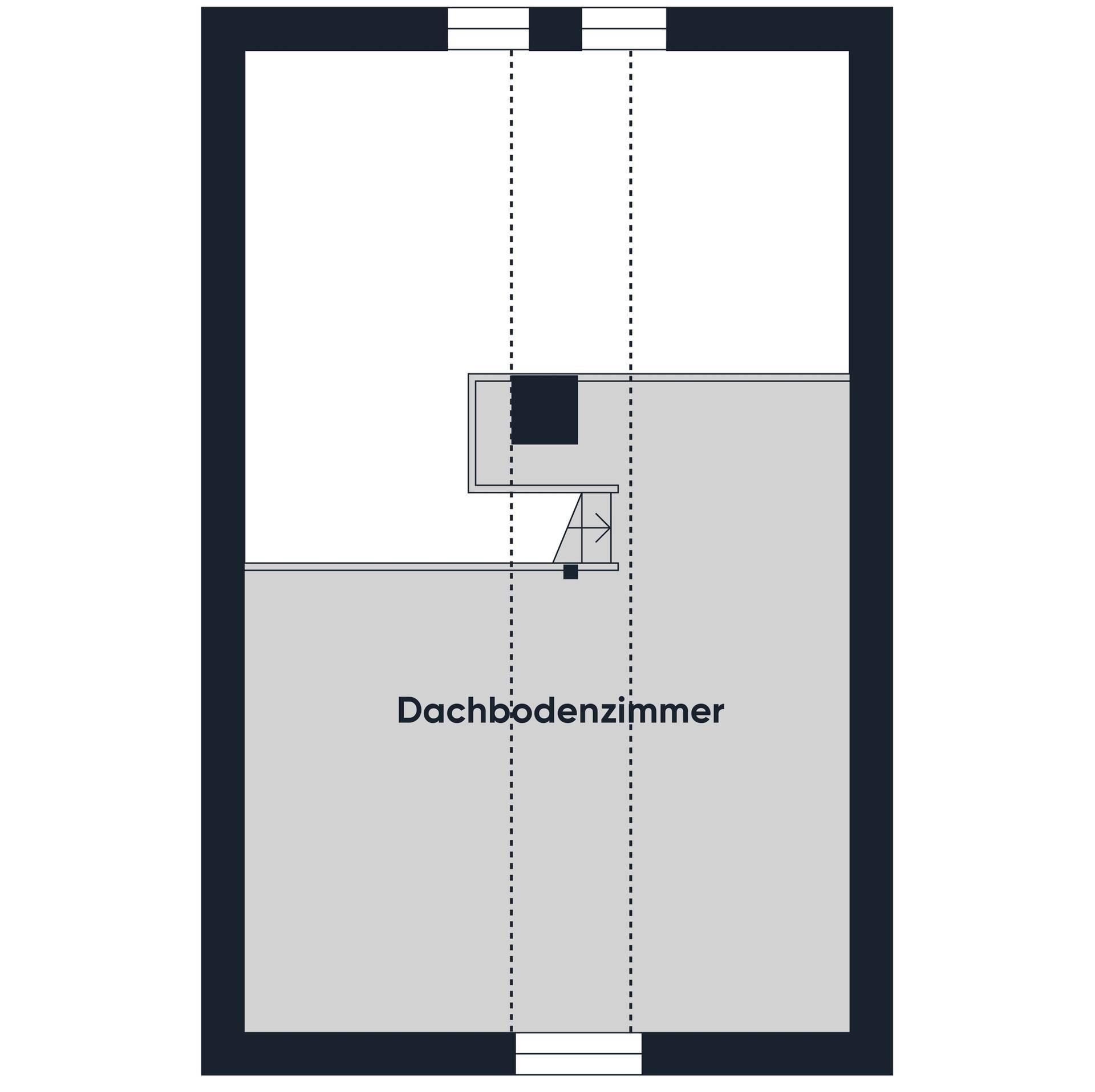 Grundriss des Dachgeschosses mit Dachbodenzimmer und Treppenaufgang.