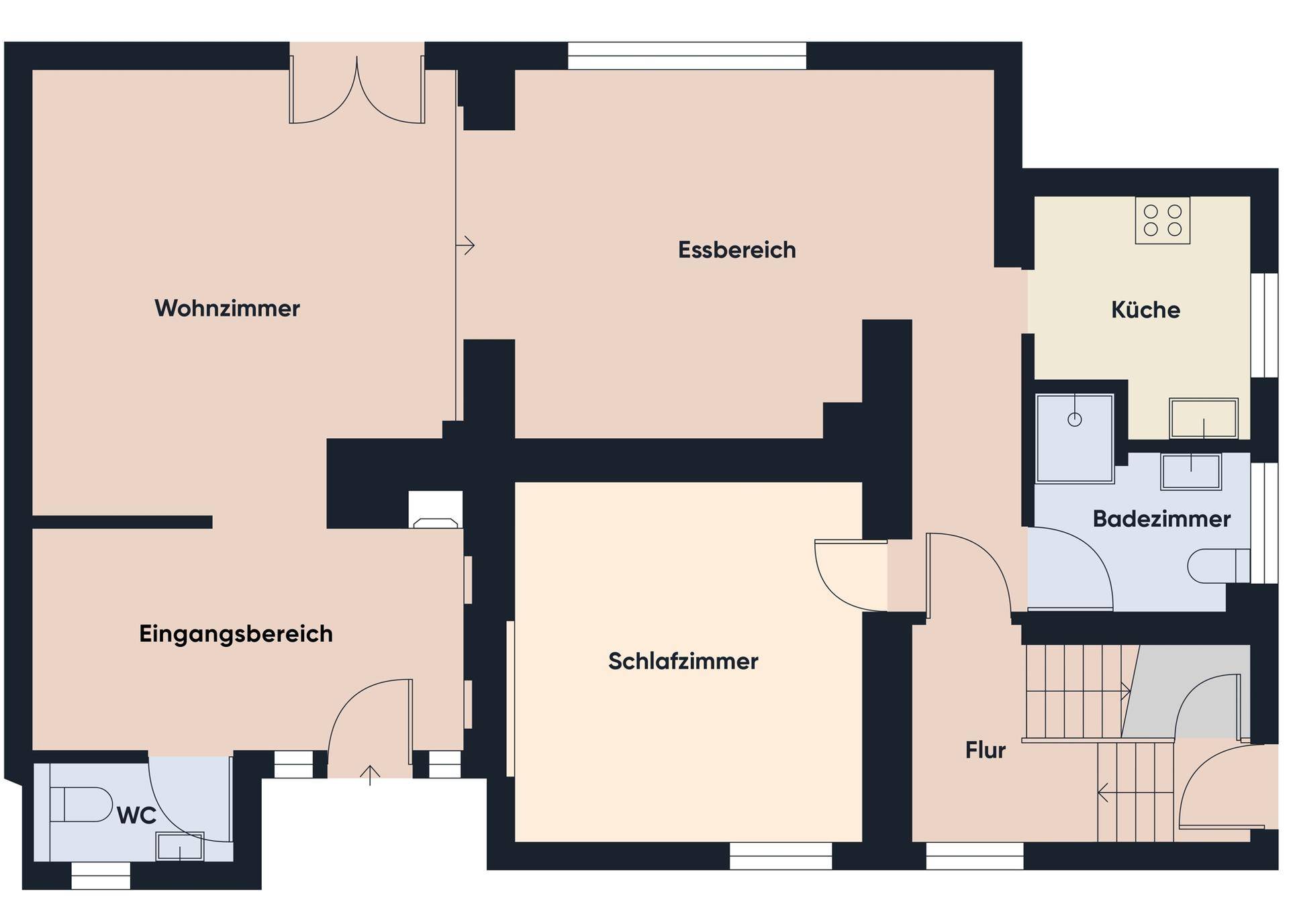 Grundriss des Erdgeschosses mit Wohnzimmer, Essbereich, Küche und Bad.