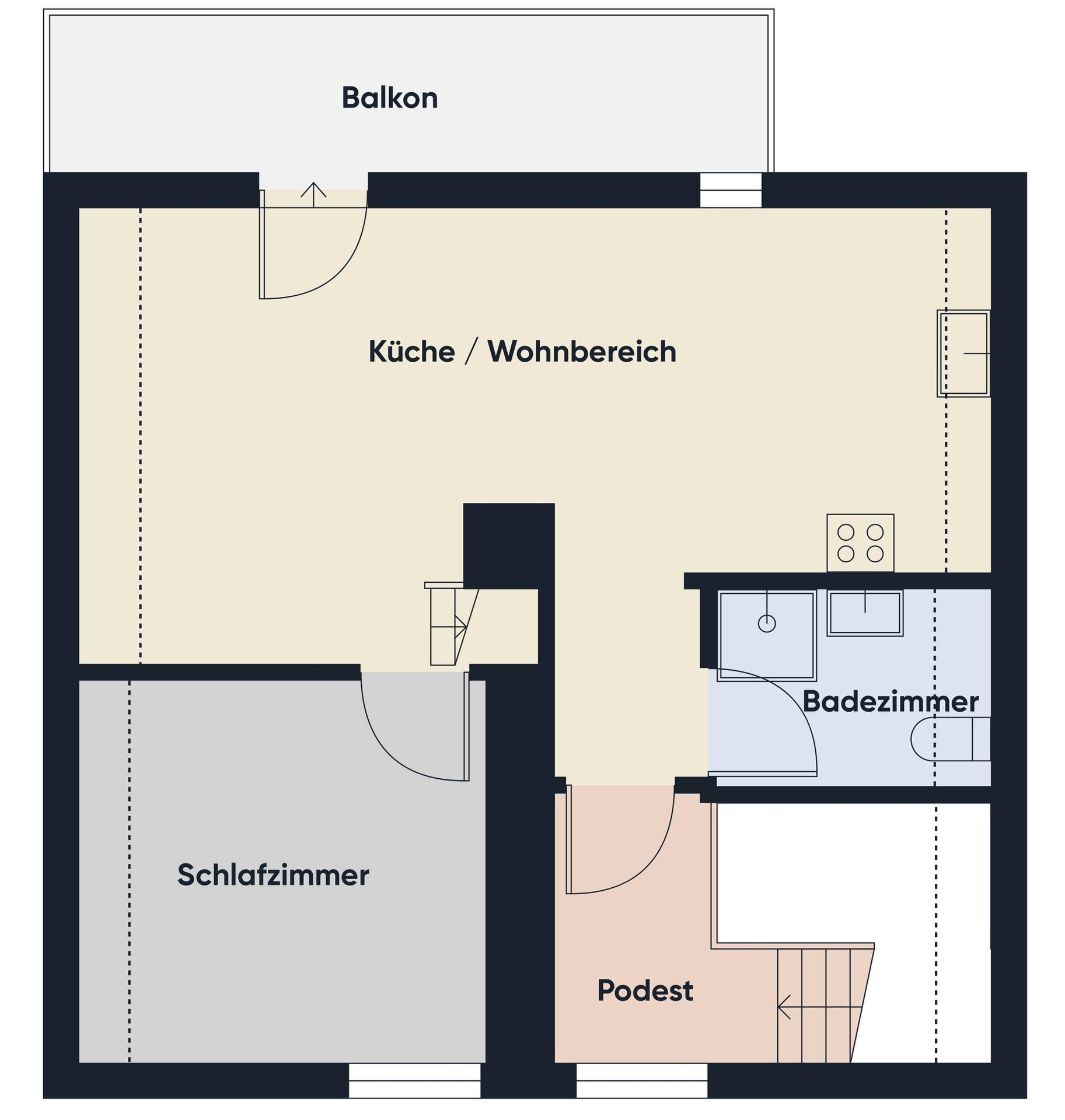 Grundriss des Obergeschosses mit Küche, Wohnbereich, Schlafzimmer und Balkon.
