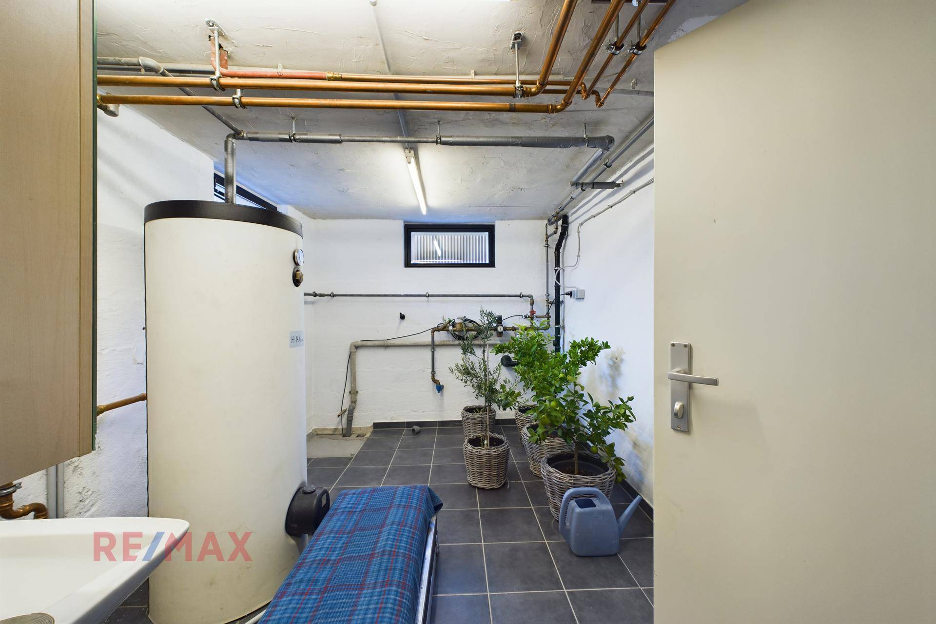 Hauswirtschaftsraum im Keller mit Warmwasserspeicher, Fliesenboden und Pflanzen.