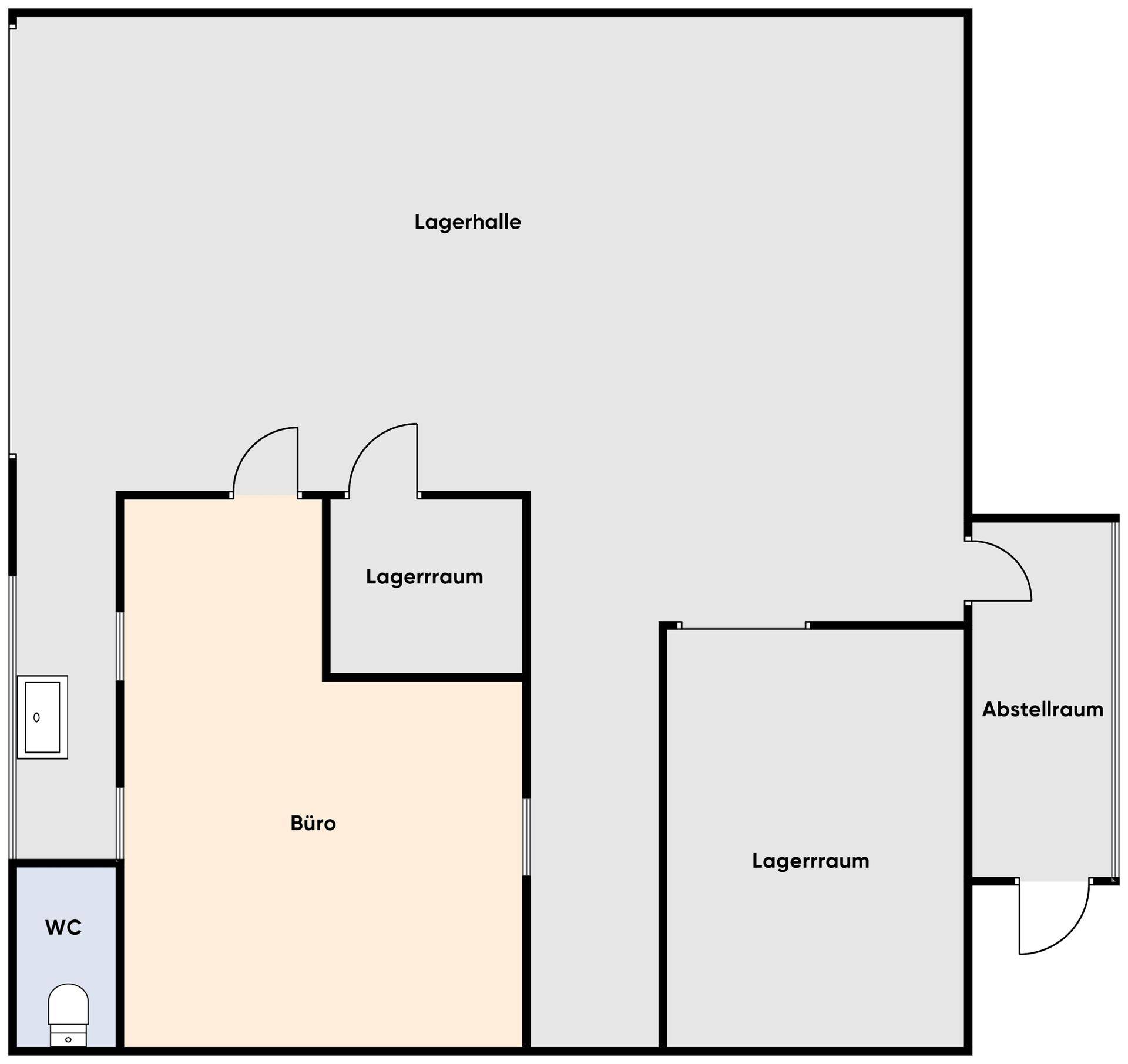 Grundriss der Lagerhalle mit Büro, Lagerräumen und WC.