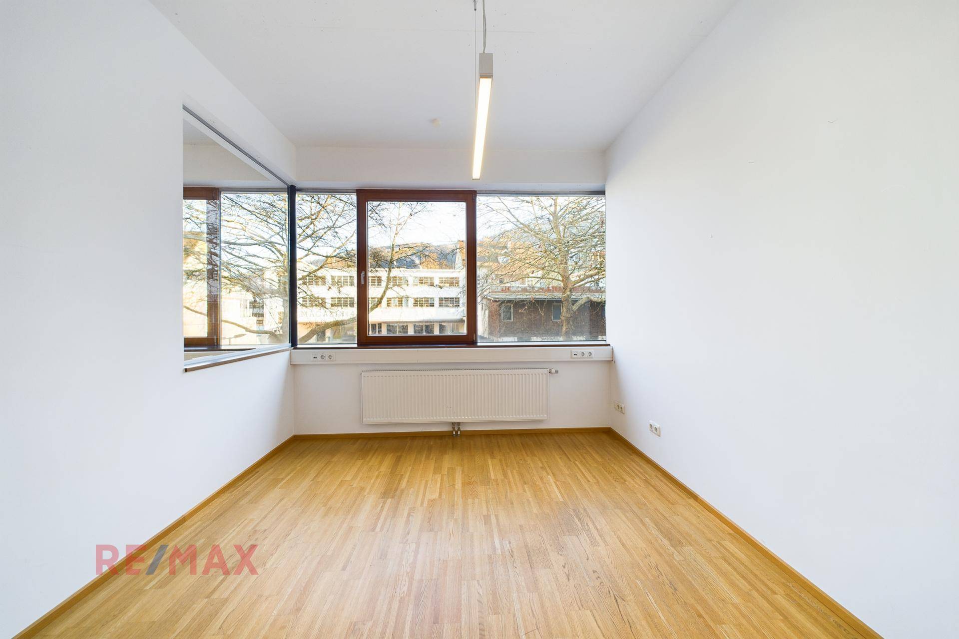 Leerer Büroraum mit breiten Fenstern, die einen Blick ins Grüne bieten, und Holzboden.