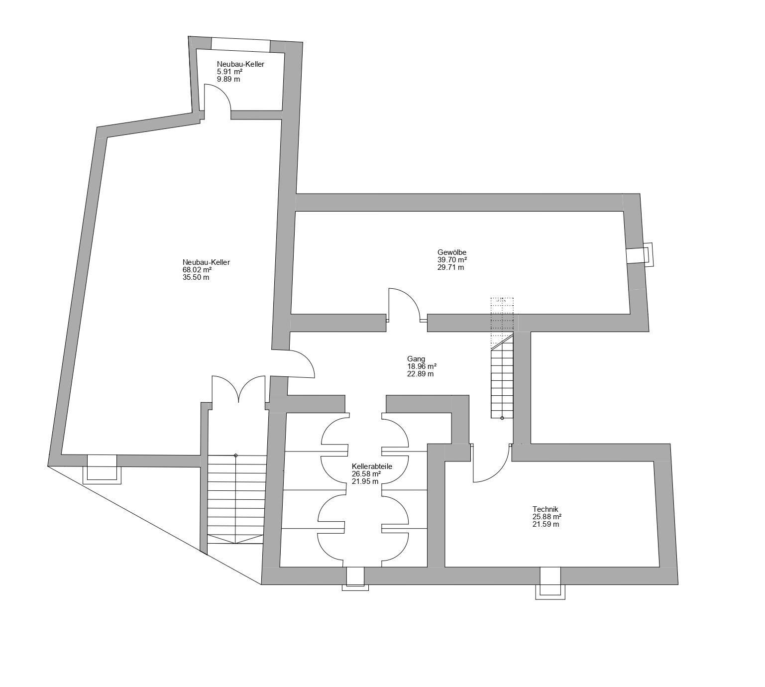 Grundriss des Kellergeschosses mit verschiedenen Kellerräumen und Treppenaufgang.