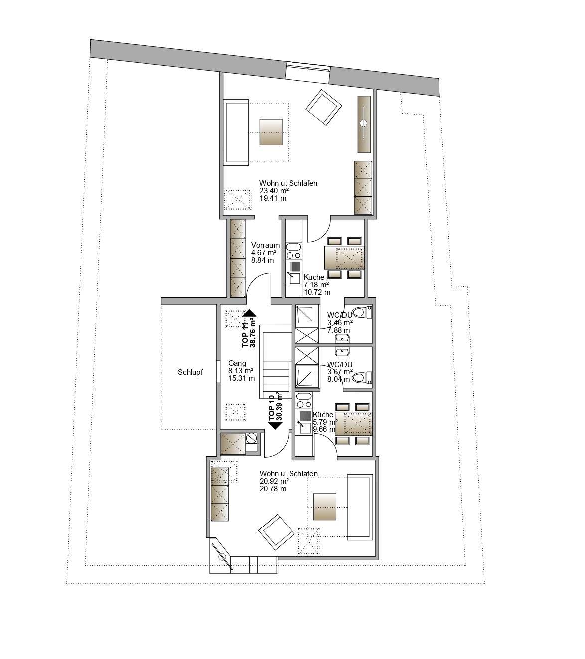 Grundriss des Dachgeschosses mit Wohn- und Schlafbereichen, Küchen und Bädern.