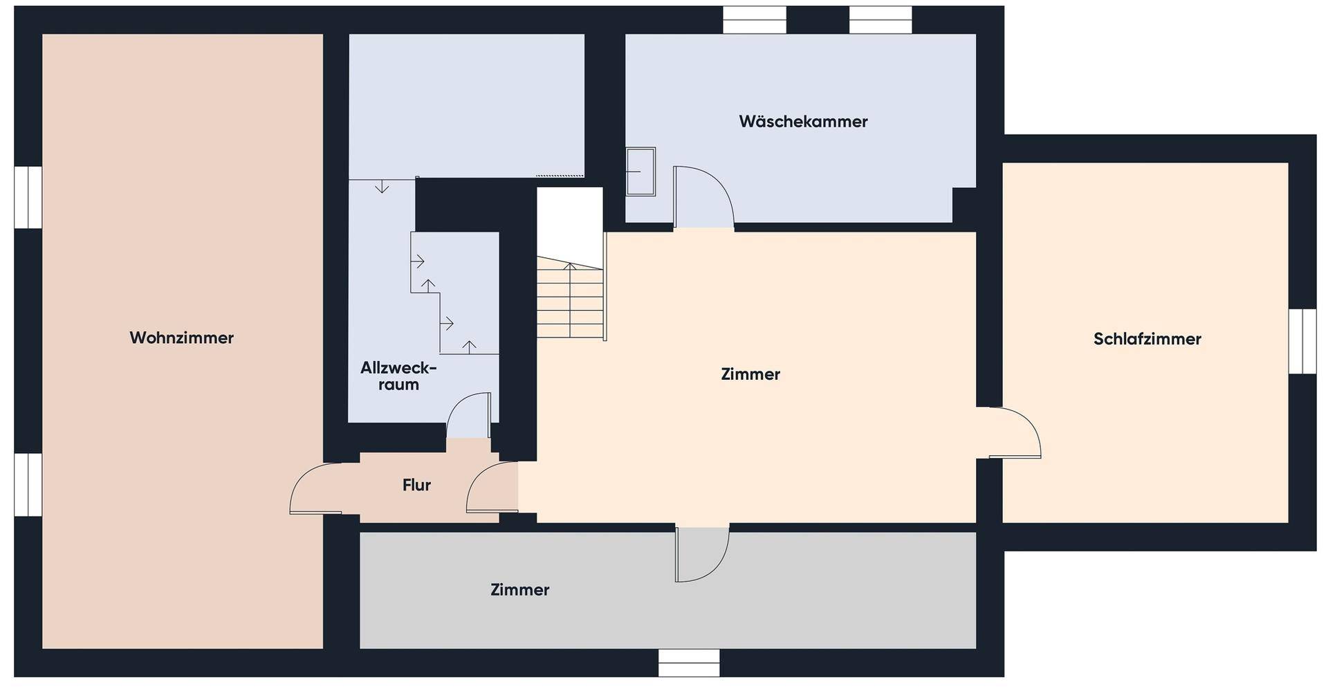 Grundriss des Obergeschosses mit Wohnzimmer, Schlafzimmern und Waschküche.
