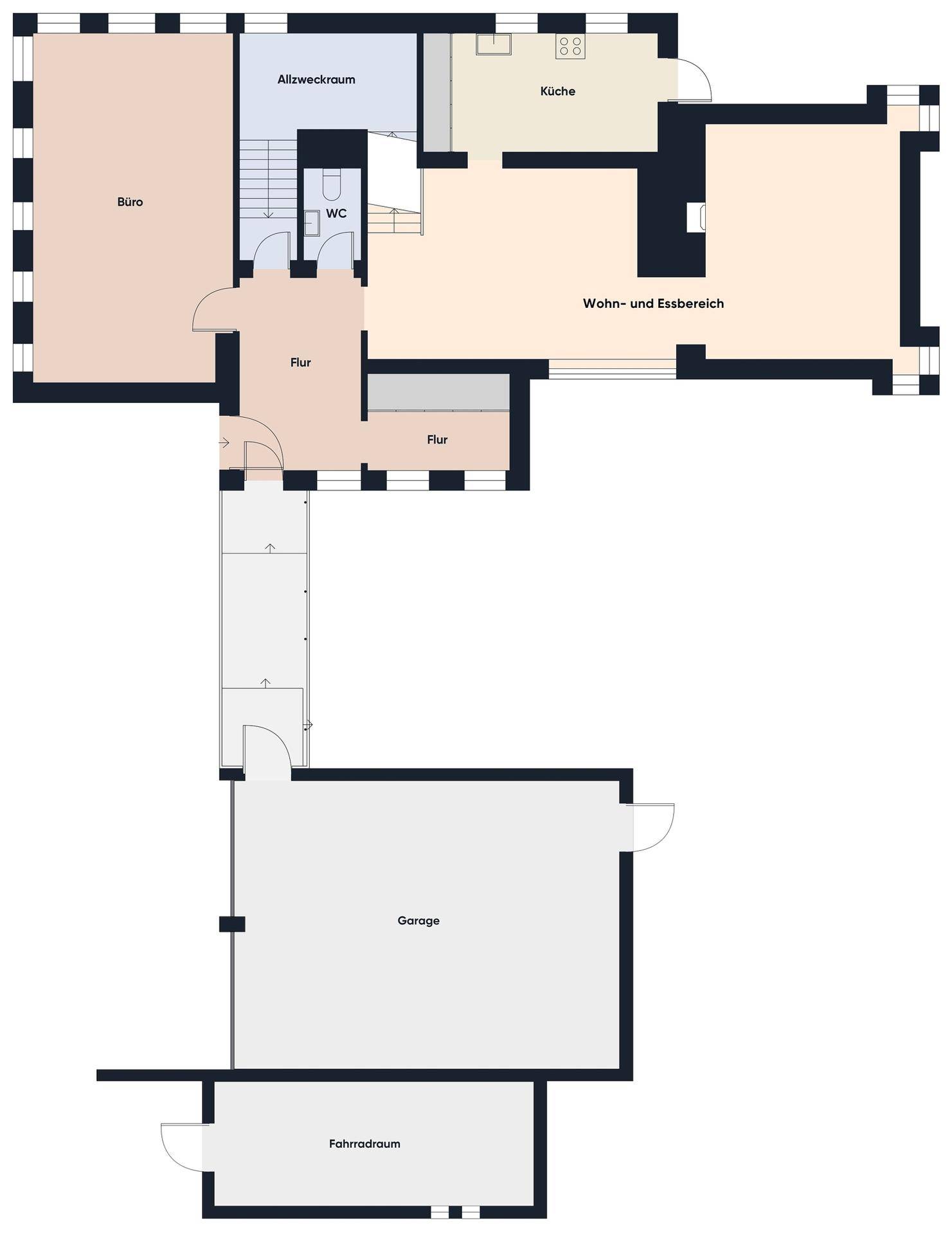 Grundriss des Erdgeschosses mit Büro, Küche, Wohn- und Essbereich sowie Garage.