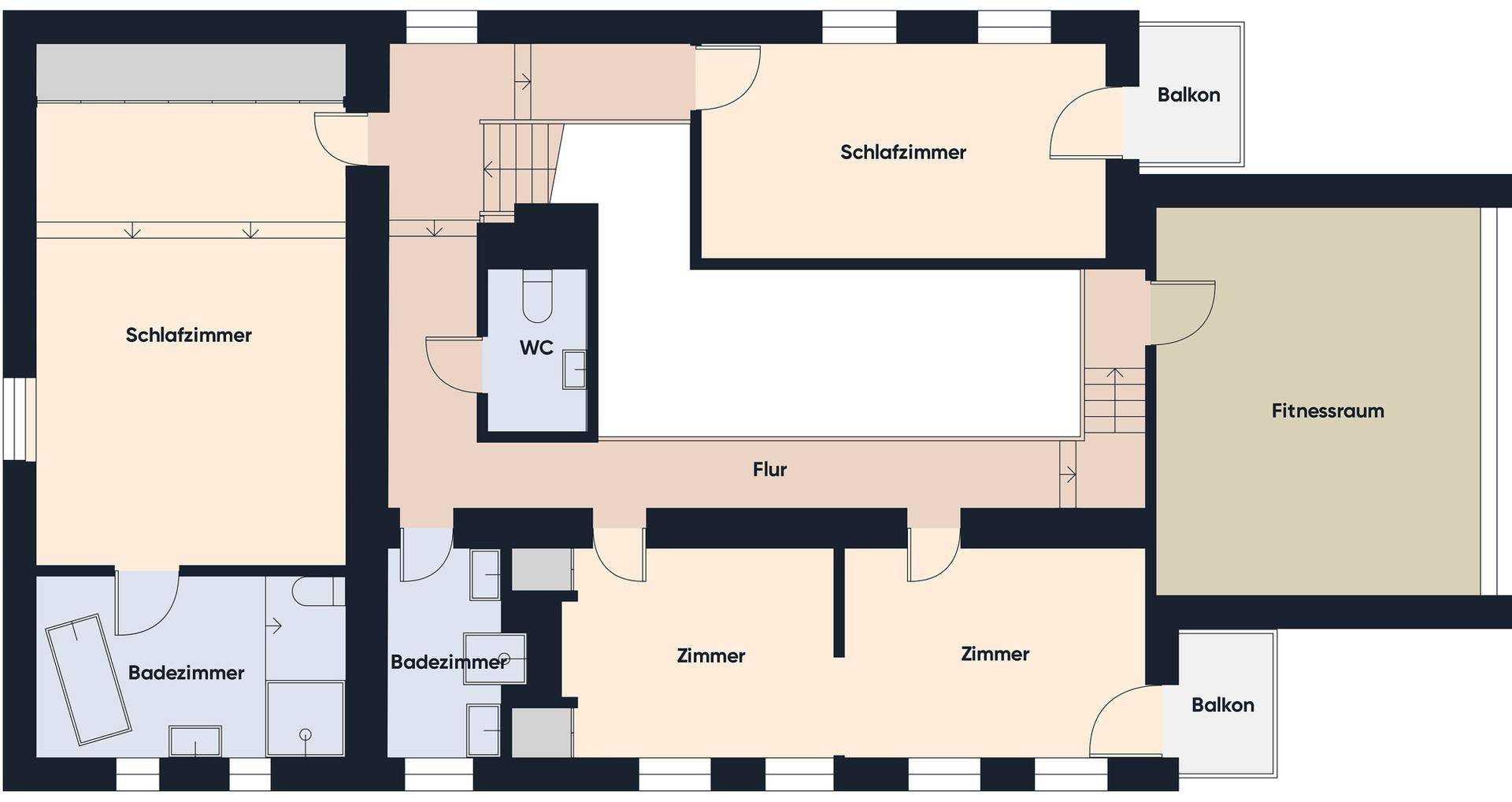 Grundriss des Dachgeschosses mit Schlafzimmern, Badezimmern, Fitnessraum und Balkonen.