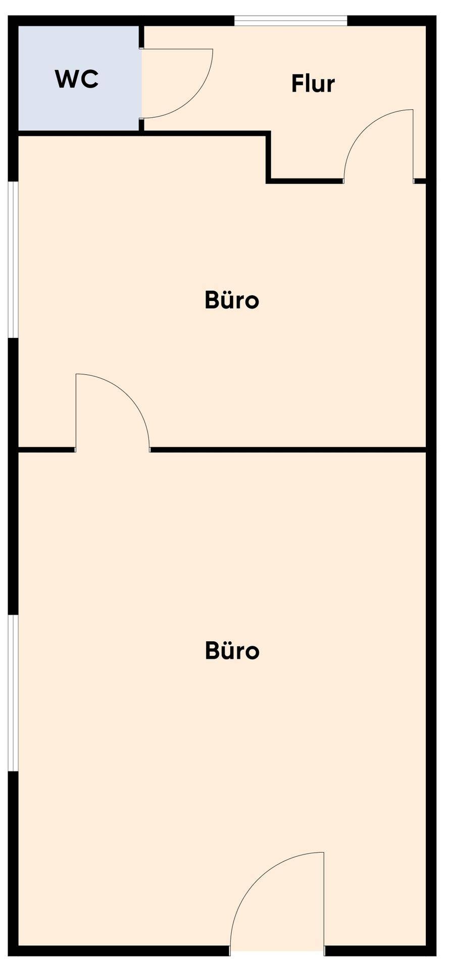 Grundrissplan mit zwei Büroräumen, einem Flur und einer Toilette.