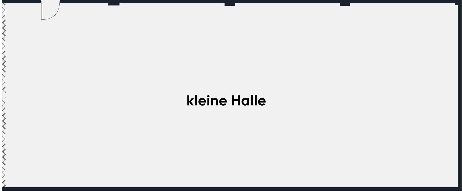 Einfacher Grundriss einer kleinen Halle, der die Raumaufteilung mit Zugangstür und Fenstern darstellt.
