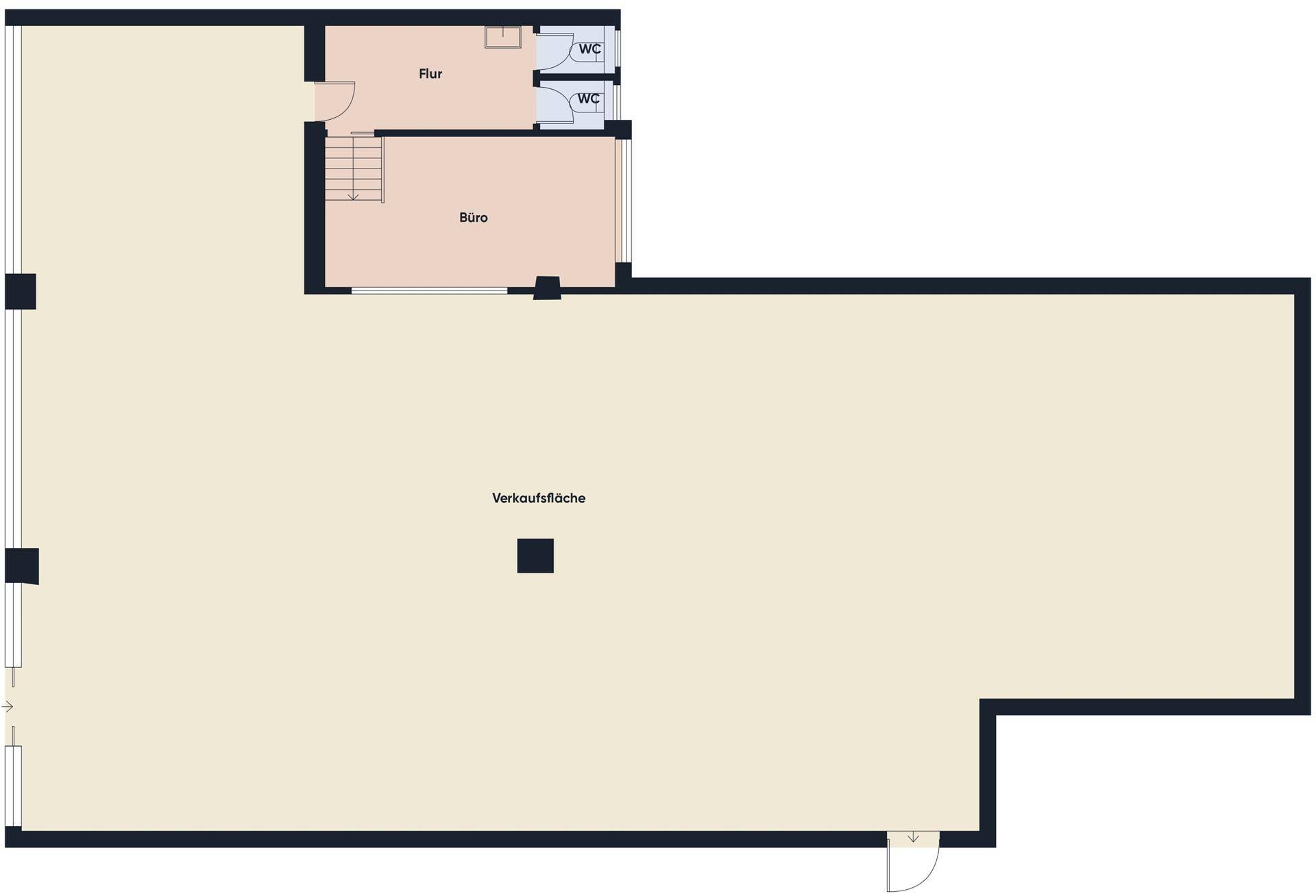 Grundriss des Erdgeschosses mit Verkaufsfläche, Büro und Toiletten.