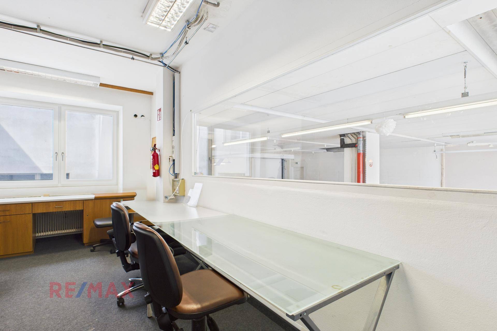 Bürobereich mit mehreren Arbeitsplätzen, Teppichboden und Fenstern, die Tageslicht hereinlassen.