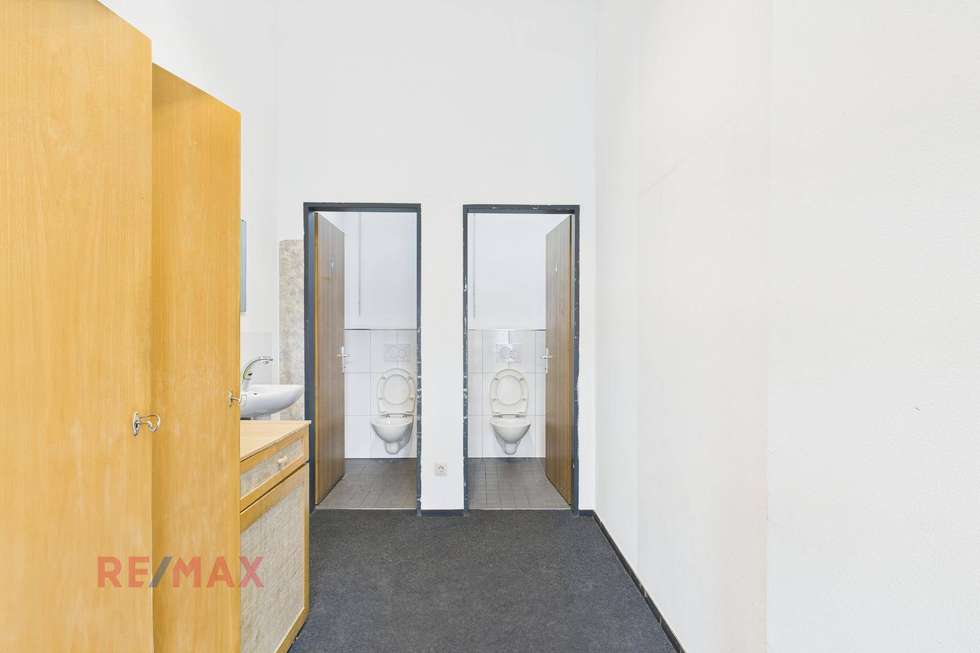 Toilettenbereich mit zwei separaten Kabinen, Waschbecken und Teppichboden.