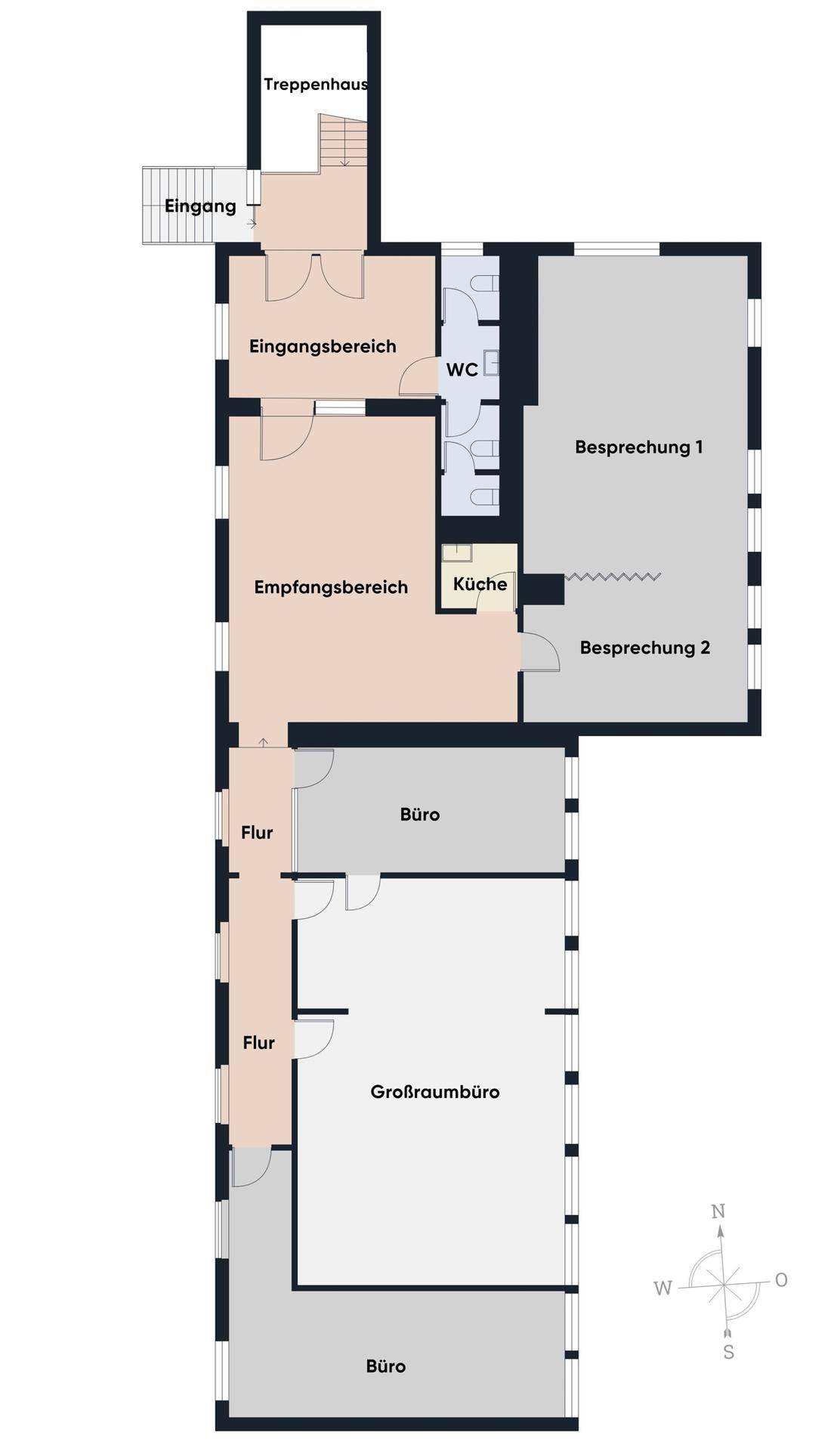 Detaillierter Grundriss des Bürogebäudes mit verschiedenen Räumen und Funktionsbereichen, inklusive WC und Küche.