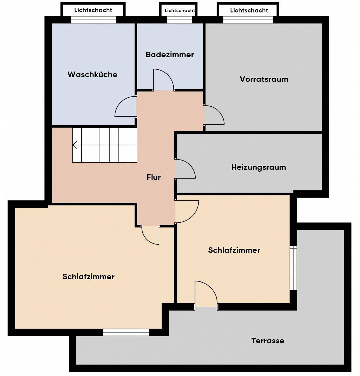 Grundriss des Untergeschosses mit Waschküche, zwei Schlafzimmern, Bad und Terrasse.