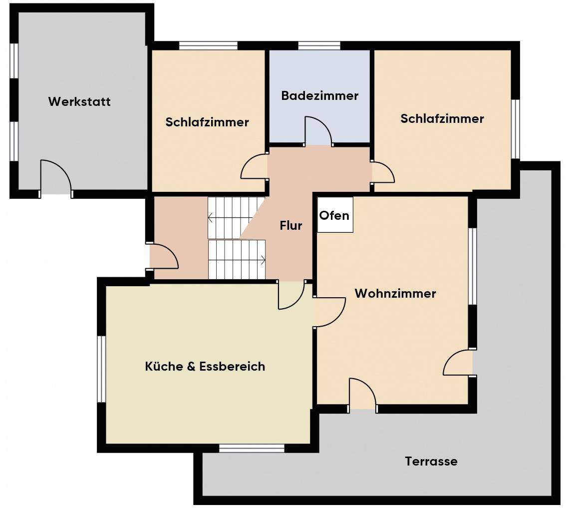 Grundriss des Erdgeschosses mit Küche, Essbereich, Wohnzimmer, zwei Schlafzimmern und Terrasse.