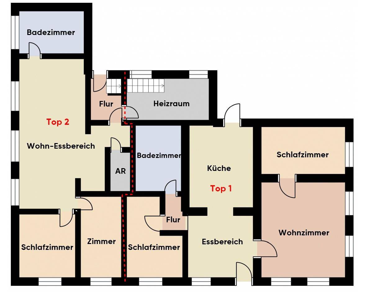 Grundriss von Top 1 und Top 2 mit Wohn-Essbereich, Schlafzimmern und Bädern.