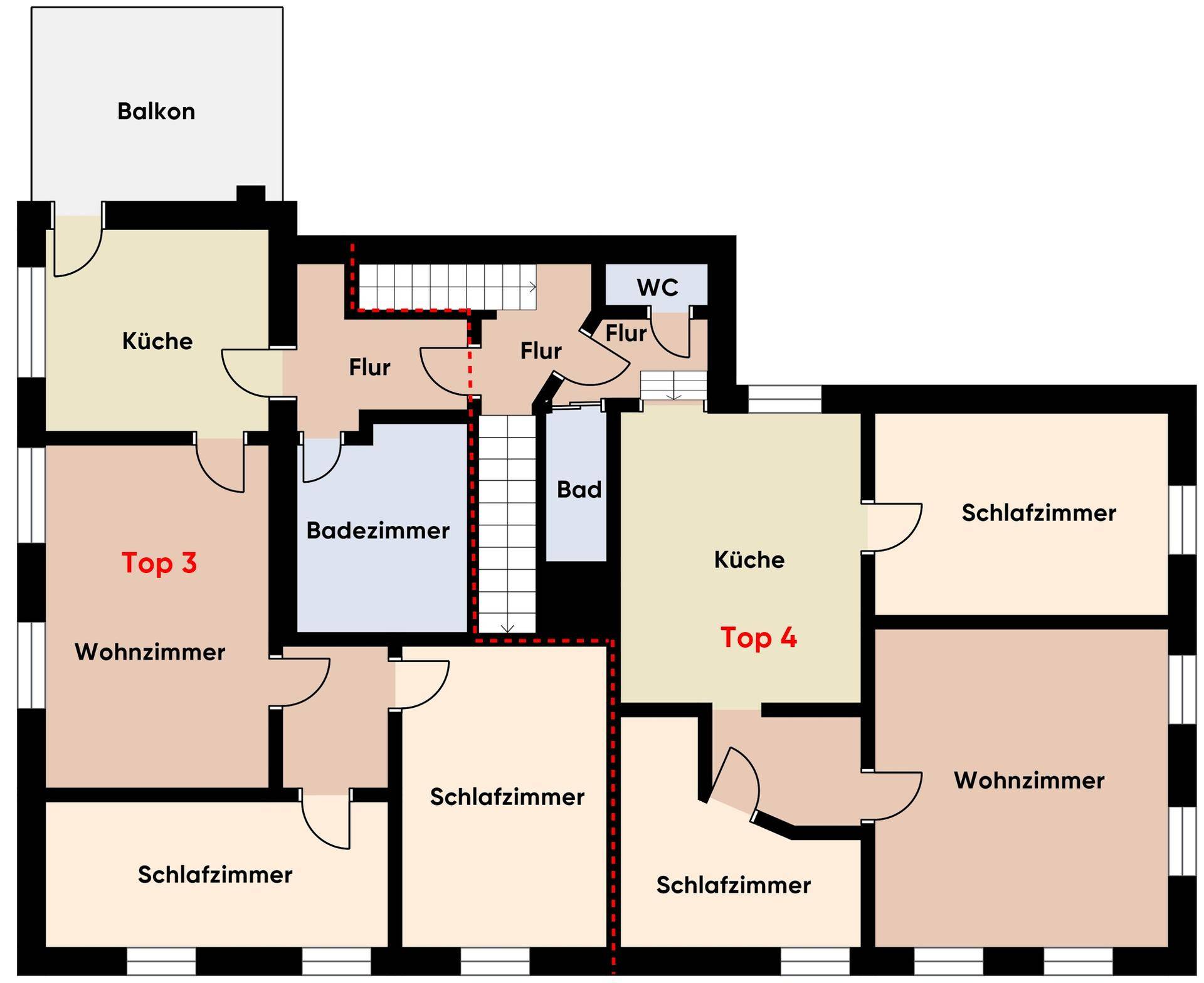 Grundriss von Top 3 und Top 4 mit Balkon, Schlafzimmern und Bädern.