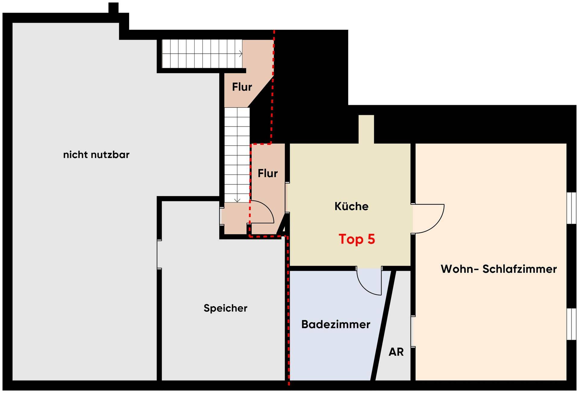Grundriss von Top 5 mit Küche, Wohn-Schlafzimmer und Badezimmer.