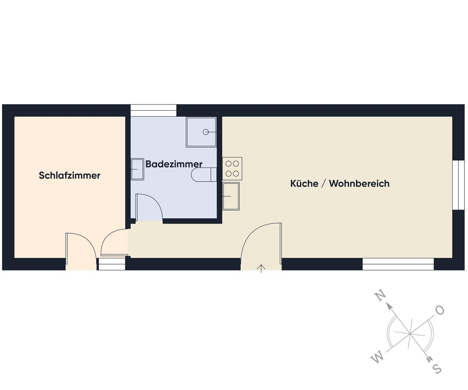 Grundriss einer Wohneinheit mit Schlafzimmer, Badezimmer und offenem Wohnbereich.