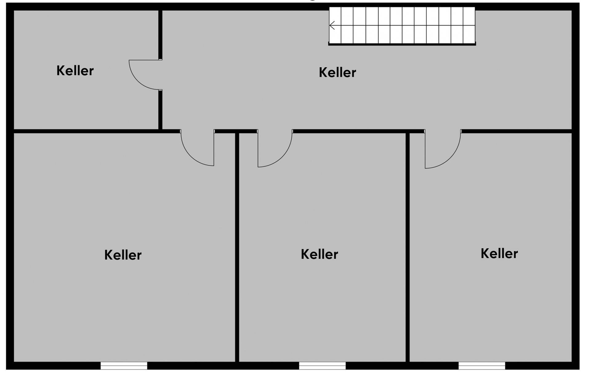 Grundriss des Kellergeschosses mit mehreren Kellerräumen und Treppenaufgang.