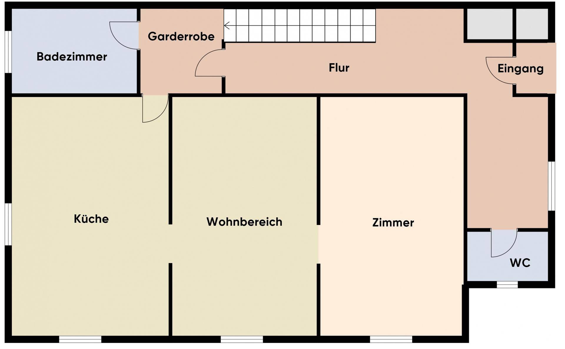 Grundriss des Erdgeschosses mit Küche, Wohnbereich, Zimmer, Bad und WC.